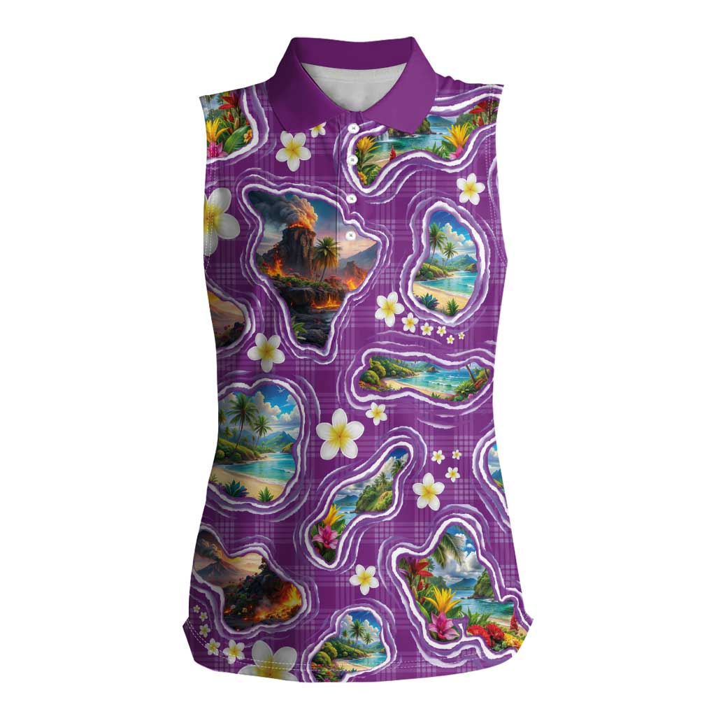 Hawaiian Island Shapes-Iconic Landscape Women Sleeveless Polo Shirt with Plumeria and Palaka Purple Color LT03 Female Purple - Polynesian Pride