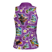 Hawaiian Island Shapes-Iconic Landscape Women Sleeveless Polo Shirt with Plumeria and Palaka Purple Color LT03 - Polynesian Pride