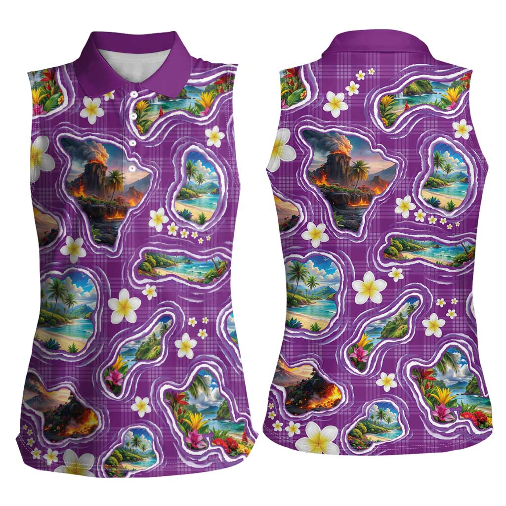 Hawaiian Island Shapes-Iconic Landscape Women Sleeveless Polo Shirt with Plumeria and Palaka Purple Color LT03 - Polynesian Pride