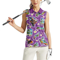 Hawaiian Island Shapes-Iconic Landscape Women Sleeveless Polo Shirt with Plumeria and Palaka Purple Color LT03 - Polynesian Pride