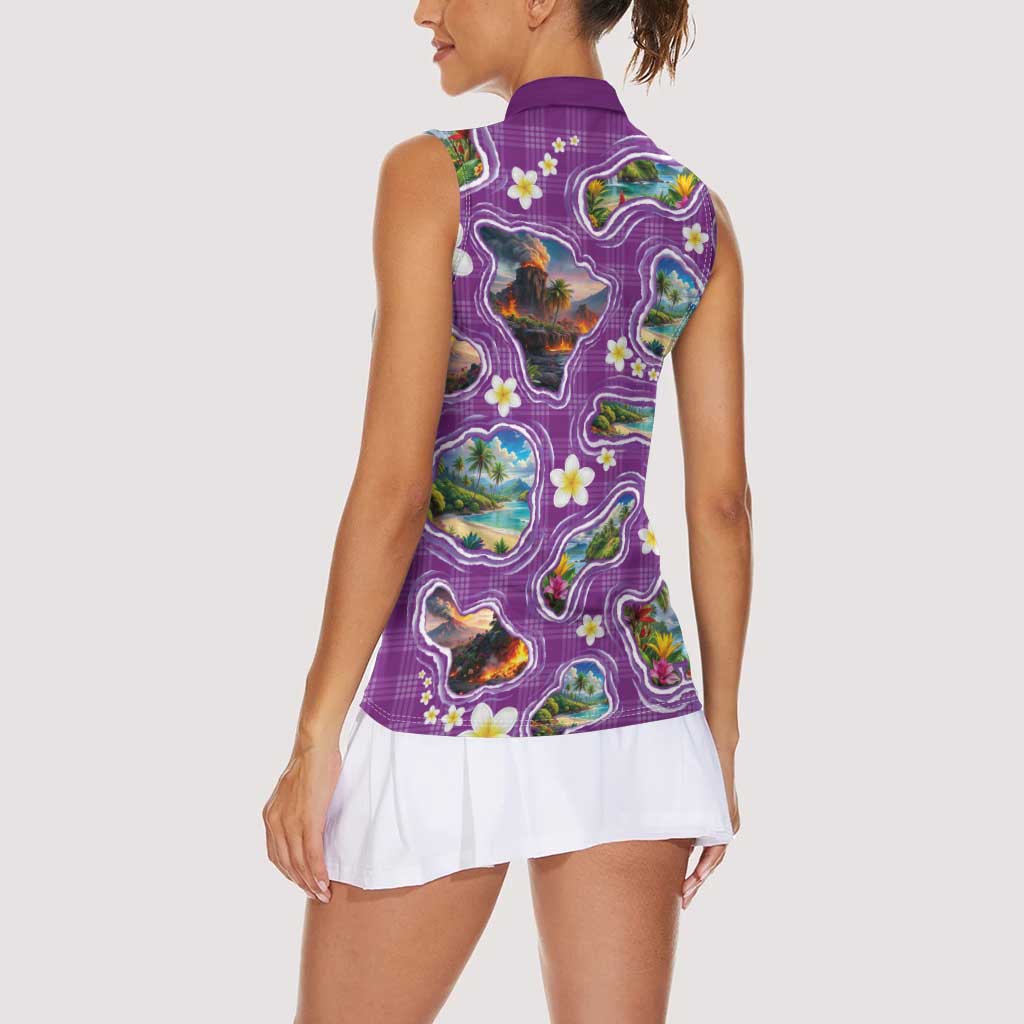 Hawaiian Island Shapes-Iconic Landscape Women Sleeveless Polo Shirt with Plumeria and Palaka Purple Color LT03 - Polynesian Pride