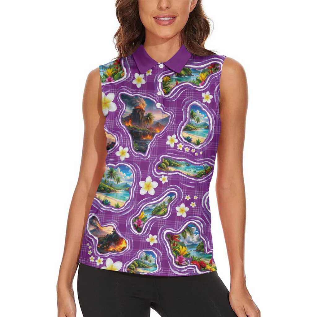 Hawaiian Island Shapes-Iconic Landscape Women Sleeveless Polo Shirt with Plumeria and Palaka Purple Color LT03 - Polynesian Pride