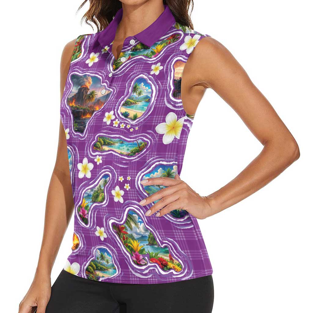 Hawaiian Island Shapes-Iconic Landscape Women Sleeveless Polo Shirt with Plumeria and Palaka Purple Color LT03 - Polynesian Pride
