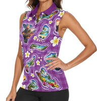 Hawaiian Island Shapes-Iconic Landscape Women Sleeveless Polo Shirt with Plumeria and Palaka Purple Color LT03 - Polynesian Pride
