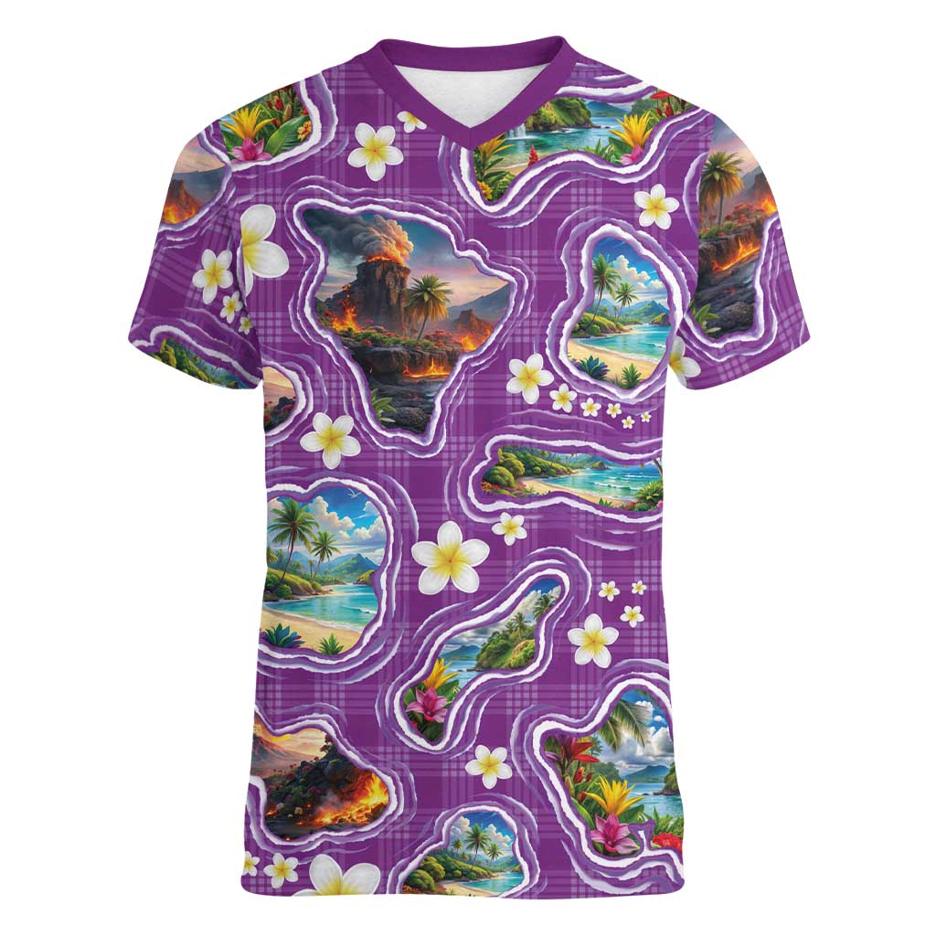 Hawaiian Island Shapes-Iconic Landscape Women V-Neck T-Shirt with Plumeria and Palaka Purple Color