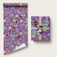 Hawaiian Island Shapes-Iconic Landscape Wrapping Paper with Plumeria and Palaka Purple Color