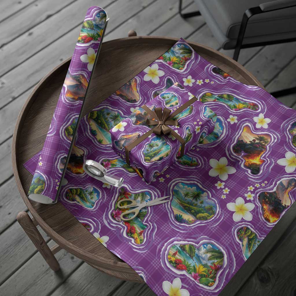 Hawaiian Island Shapes-Iconic Landscape Wrapping Paper with Plumeria and Palaka Purple Color