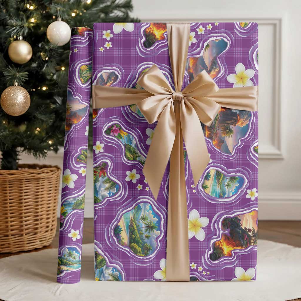 Hawaiian Island Shapes-Iconic Landscape Wrapping Paper with Plumeria and Palaka Purple Color