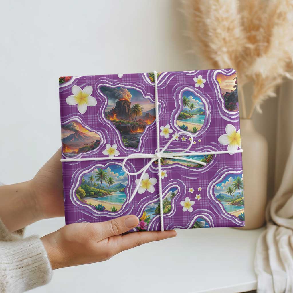 Hawaiian Island Shapes-Iconic Landscape Wrapping Paper with Plumeria and Palaka Purple Color