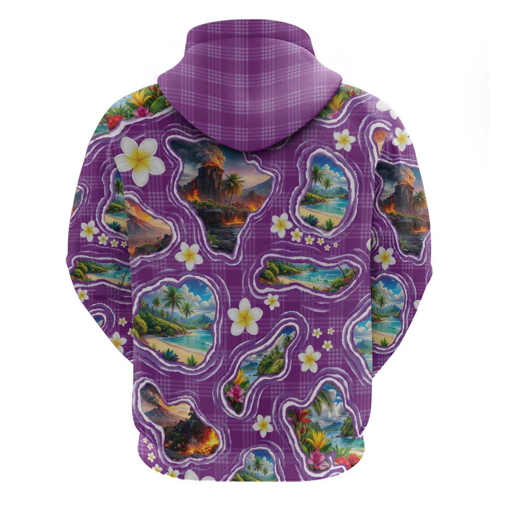 Hawaiian Island Shapes-Iconic Landscape Zip Hoodie with Plumeria and Palaka Purple Color