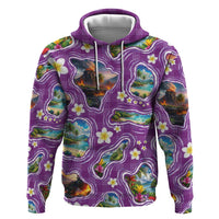 Hawaiian Island Shapes-Iconic Landscape Zip Hoodie with Plumeria and Palaka Purple Color
