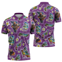 Hawaiian Island Shapes-Iconic Landscape Zipper Polo Shirt with Plumeria and Palaka Purple Color