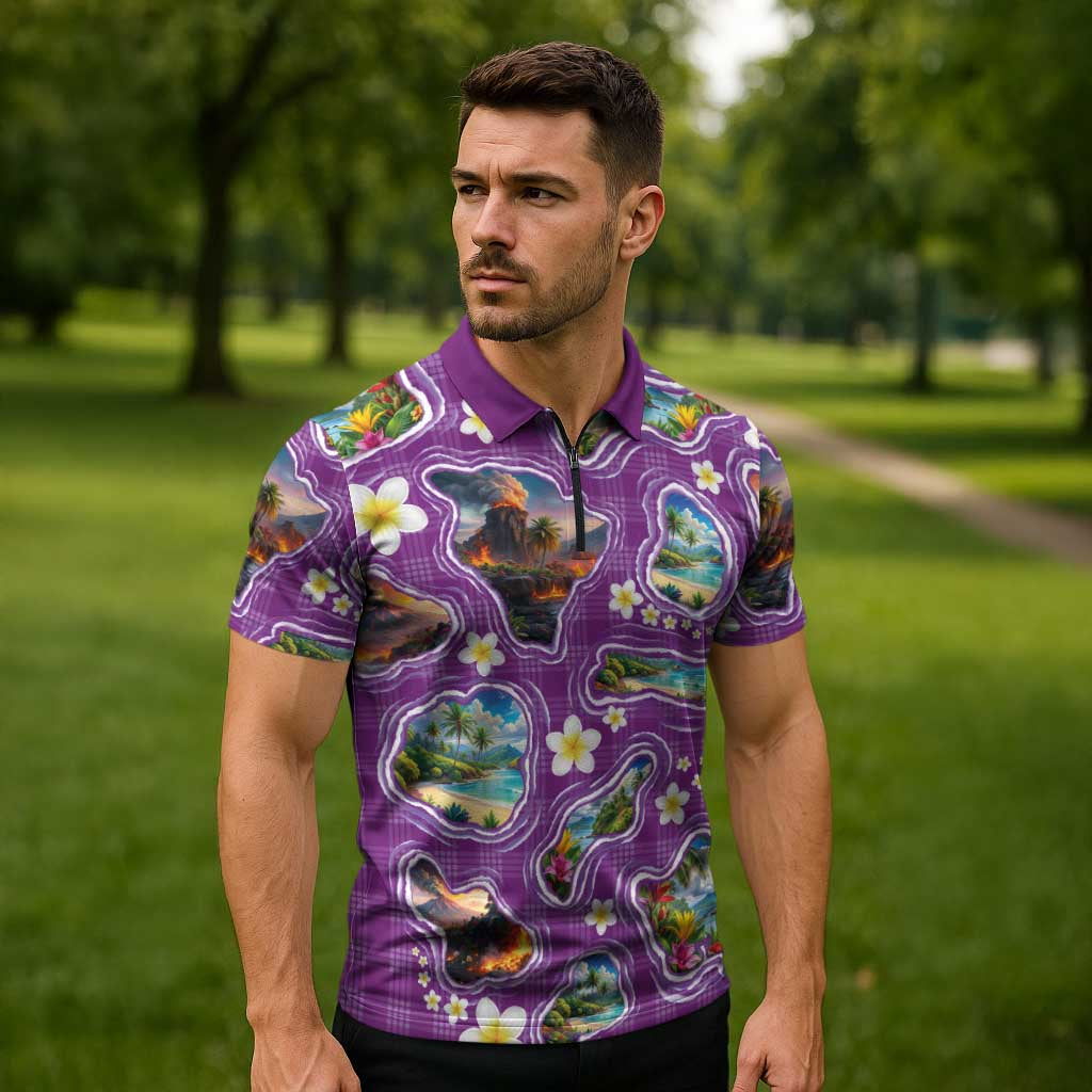 Hawaiian Island Shapes-Iconic Landscape Zipper Polo Shirt with Plumeria and Palaka Purple Color