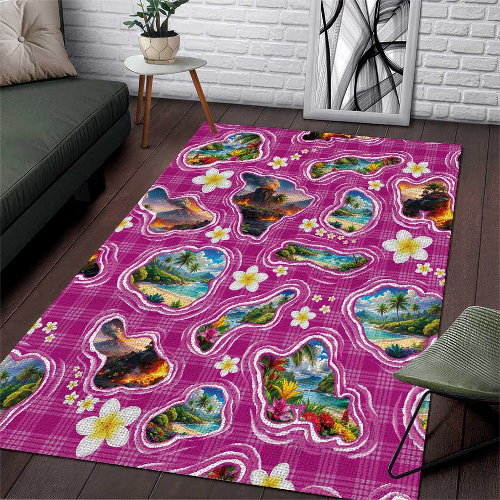 Hawaiian Island Shapes-Iconic Landscape Area Rug with Plumeria and Palaka Pink Color LT03 Pink - Polynesian Pride