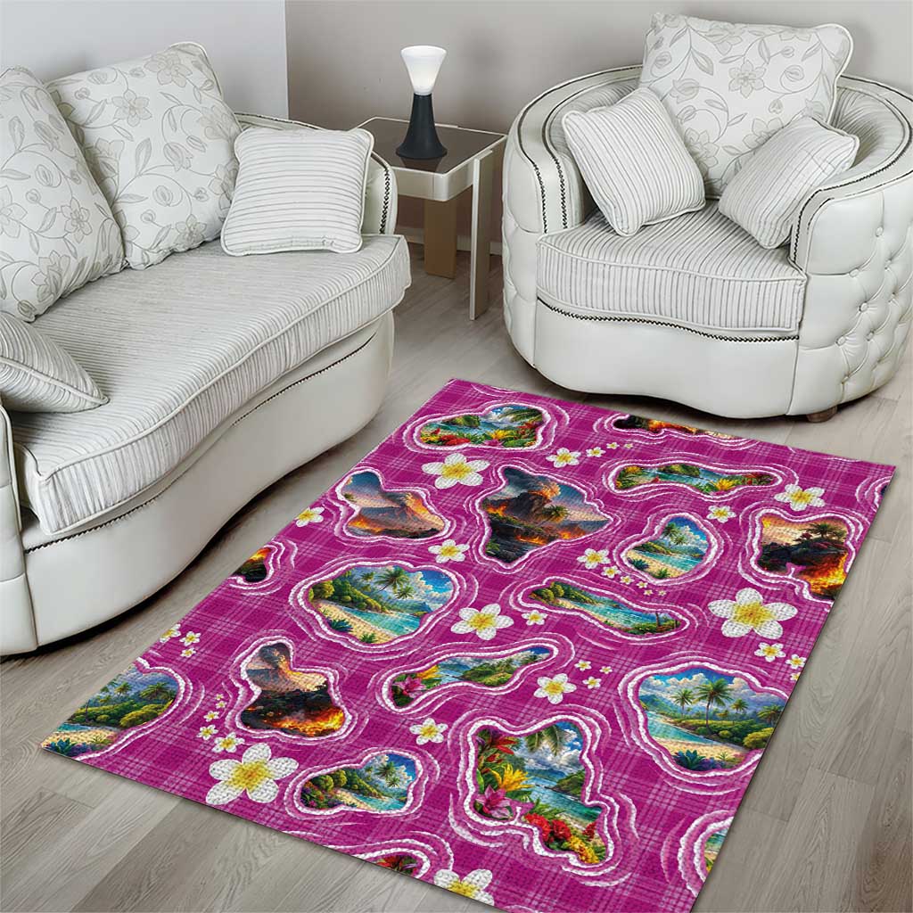 Hawaiian Island Shapes-Iconic Landscape Area Rug with Plumeria and Palaka Pink Color LT03 - Polynesian Pride