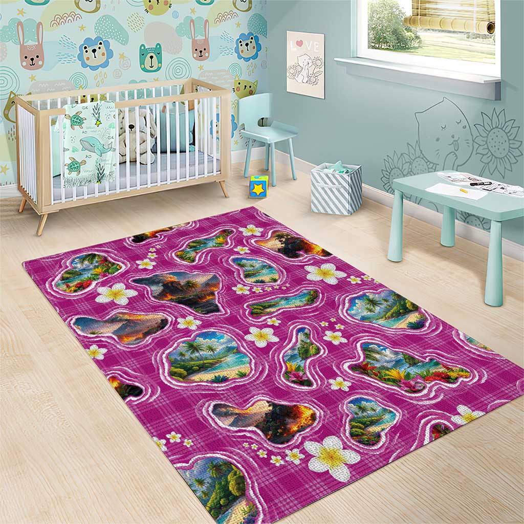 Hawaiian Island Shapes-Iconic Landscape Area Rug with Plumeria and Palaka Pink Color LT03 - Polynesian Pride