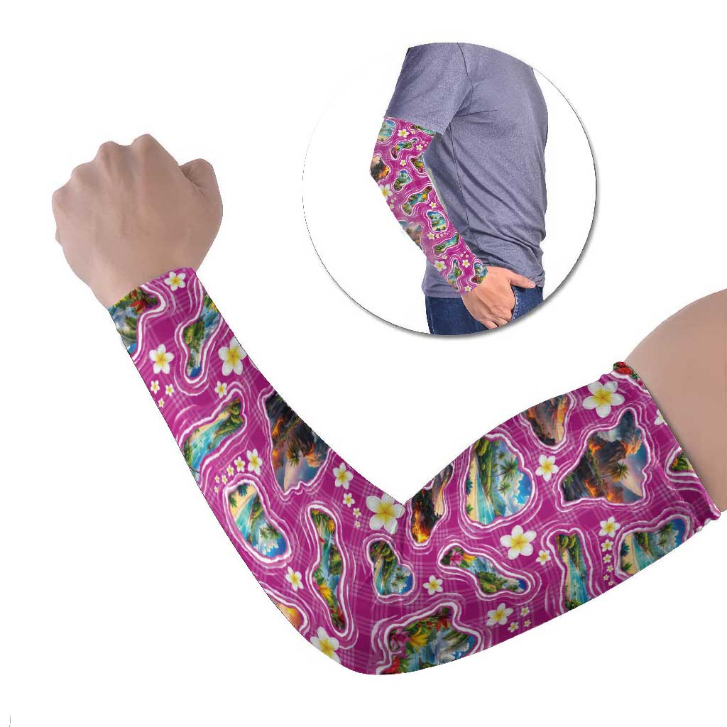 Hawaiian Island Shapes-Iconic Landscape Arm Sleeves with Plumeria and Palaka Pink Color LT03 Set of 2 Pink - Polynesian Pride