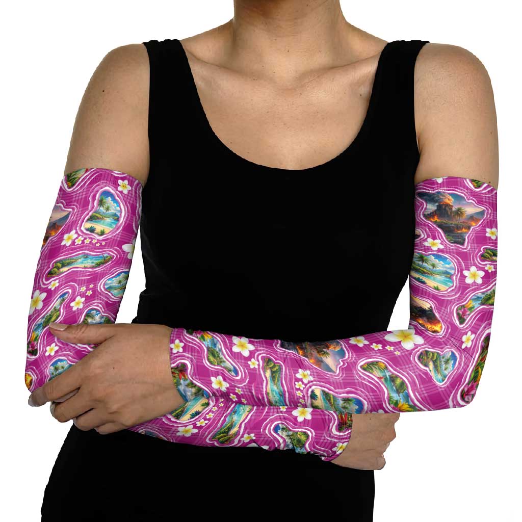 Hawaiian Island Shapes-Iconic Landscape Arm Sleeves with Plumeria and Palaka Pink Color LT03 - Polynesian Pride