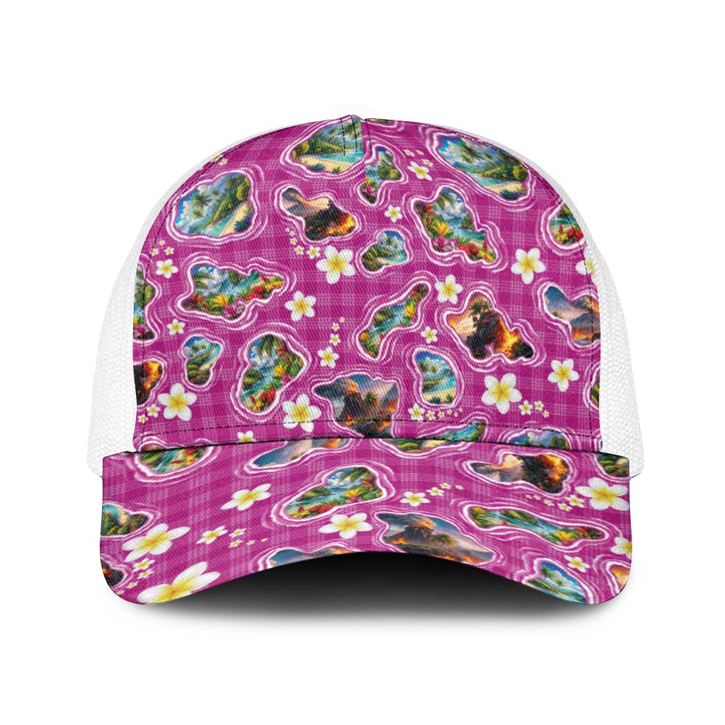 Hawaiian Island Shapes-Iconic Landscape Baseball Net Cap with Plumeria and Palaka Pink Color