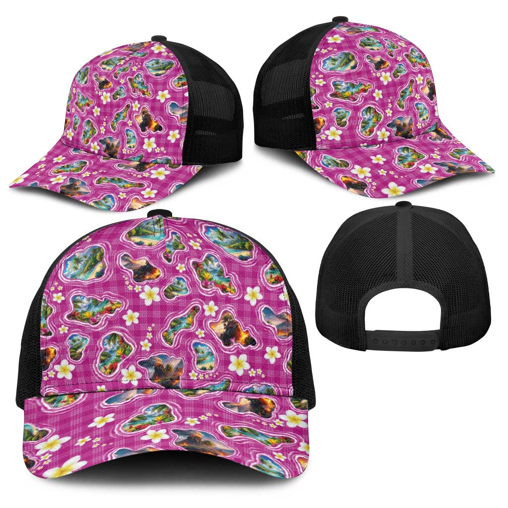 Hawaiian Island Shapes-Iconic Landscape Baseball Net Cap with Plumeria and Palaka Pink Color