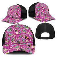 Hawaiian Island Shapes-Iconic Landscape Baseball Net Cap with Plumeria and Palaka Pink Color