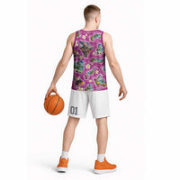 Hawaiian Island Shapes-Iconic Landscape Basketball Jersey with Plumeria and Palaka Pink Color