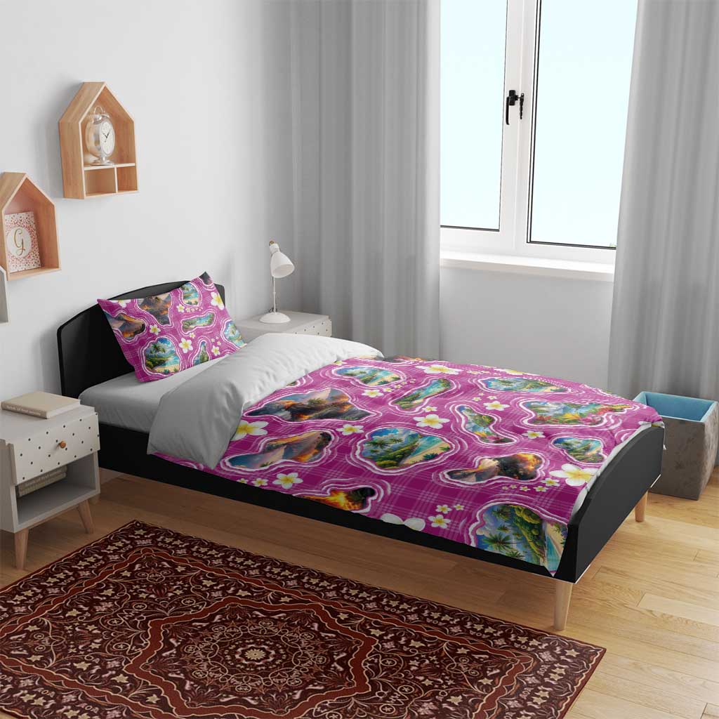 Hawaiian Island Shapes-Iconic Landscape Bedding Set with Plumeria and Palaka Pink Color