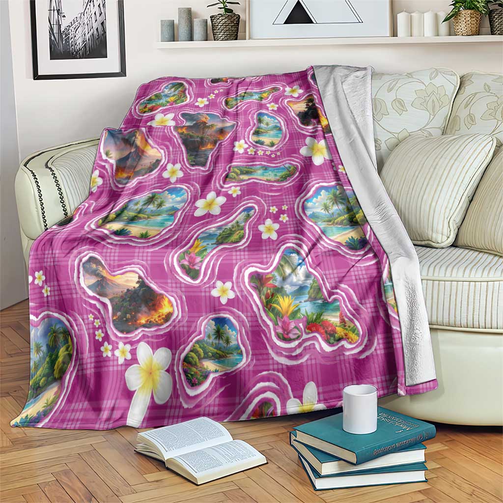 Hawaiian Island Shapes-Iconic Landscape Blanket with Plumeria and Palaka Pink Color
