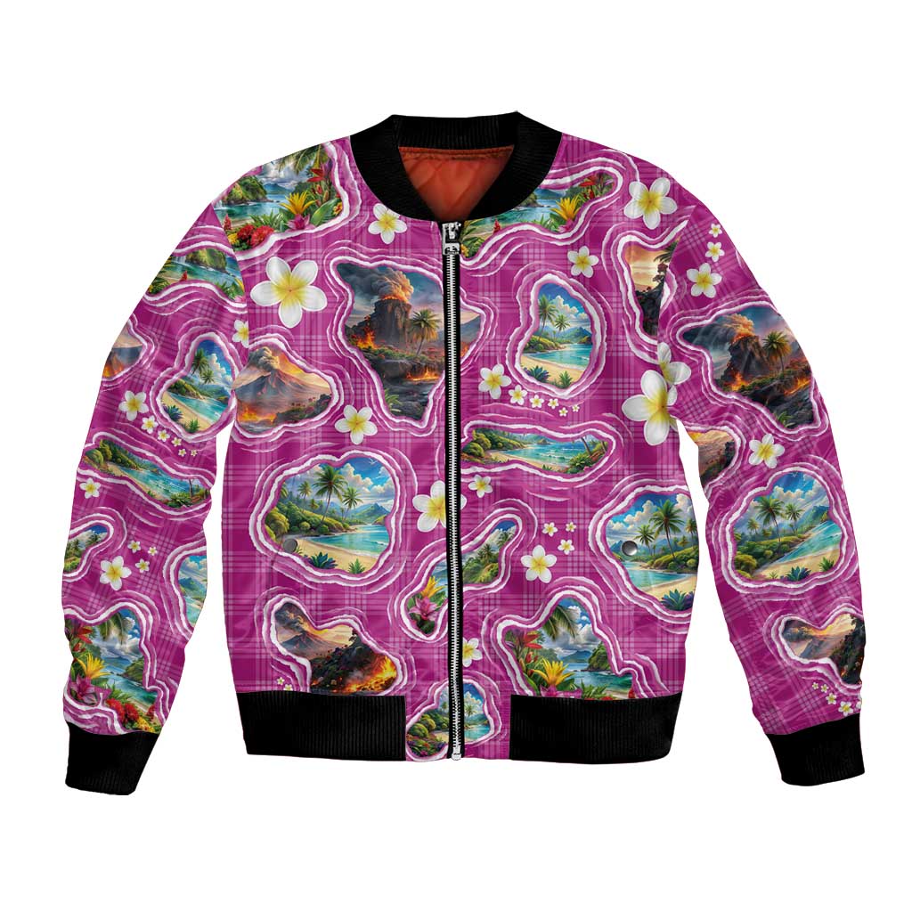 Hawaiian Island Shapes-Iconic Landscape Bomber Jacket with Plumeria and Palaka Pink Color