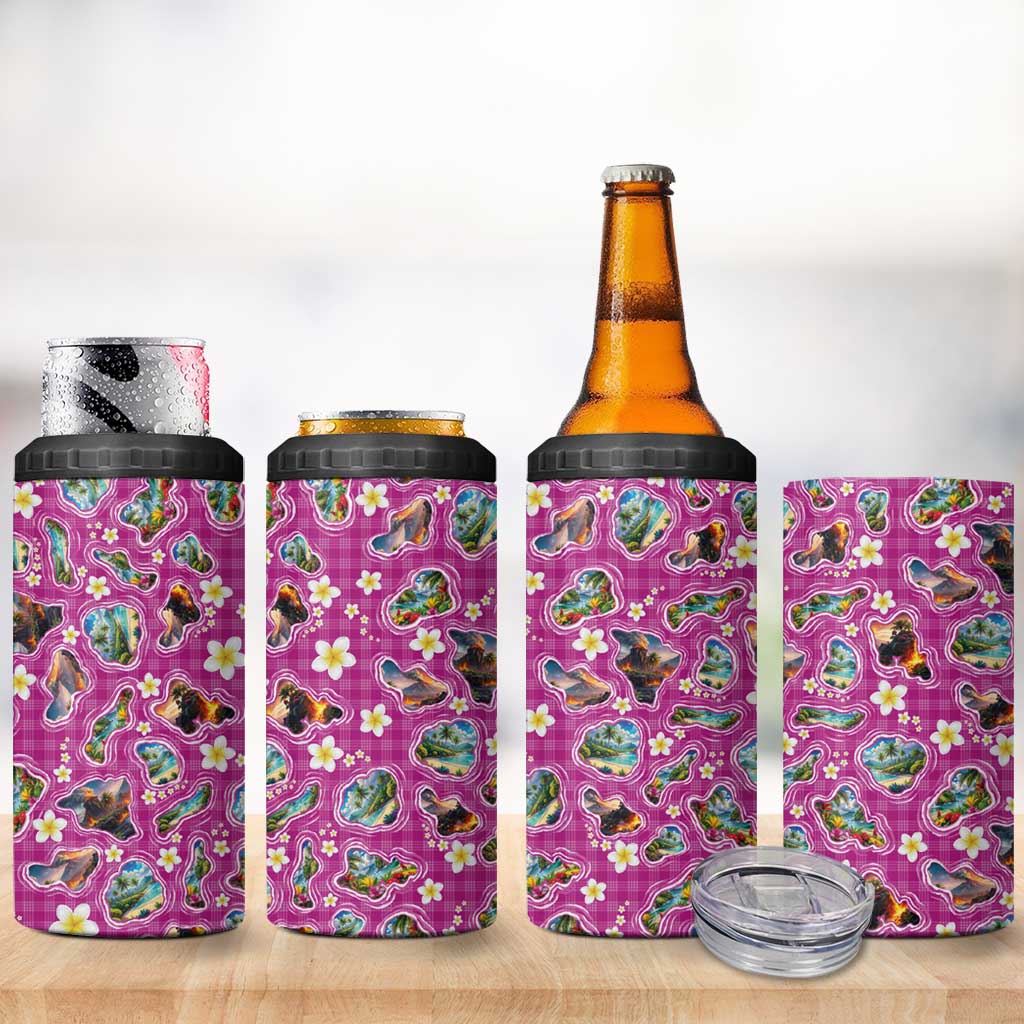 Hawaiian Island Shapes-Iconic Landscape 4 in 1 Can Cooler Tumbler with Plumeria and Palaka Pink Color