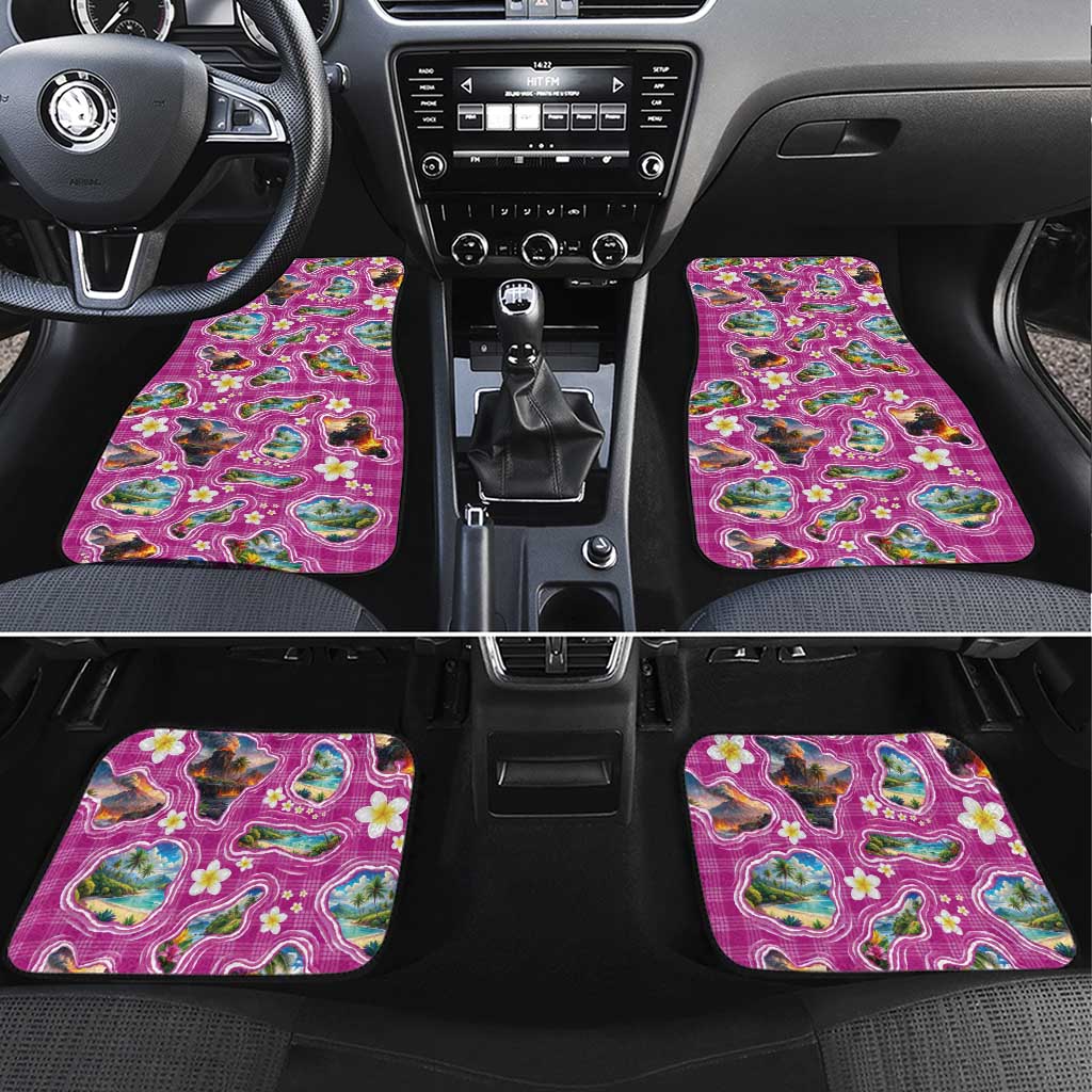 Hawaiian Island Shapes-Iconic Landscape Car Mats with Plumeria and Palaka Pink Color LT03 Set 4pcs Pink - Polynesian Pride