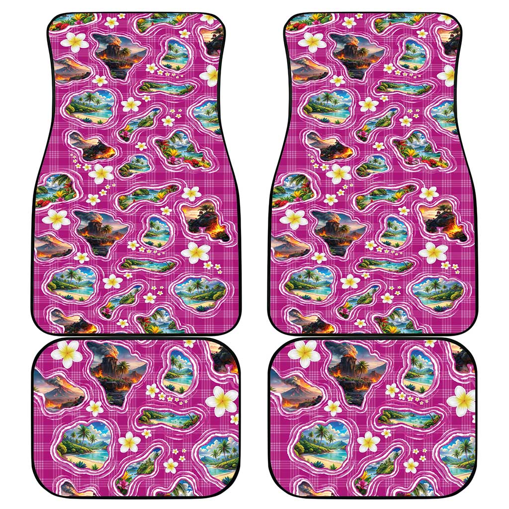 Hawaiian Island Shapes-Iconic Landscape Car Mats with Plumeria and Palaka Pink Color LT03 - Polynesian Pride