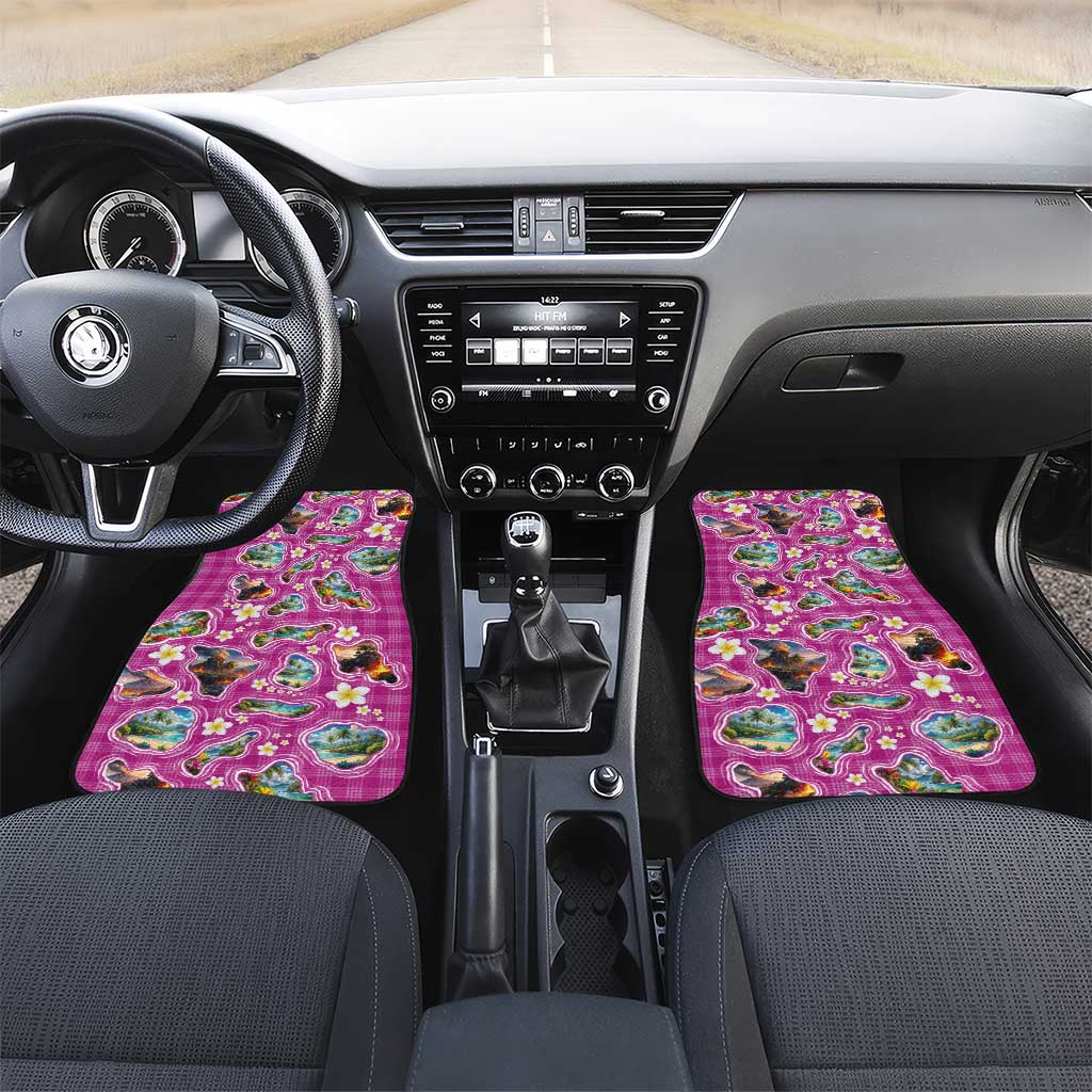 Hawaiian Island Shapes-Iconic Landscape Car Mats with Plumeria and Palaka Pink Color LT03 Set 2pcs - Front Pink - Polynesian Pride