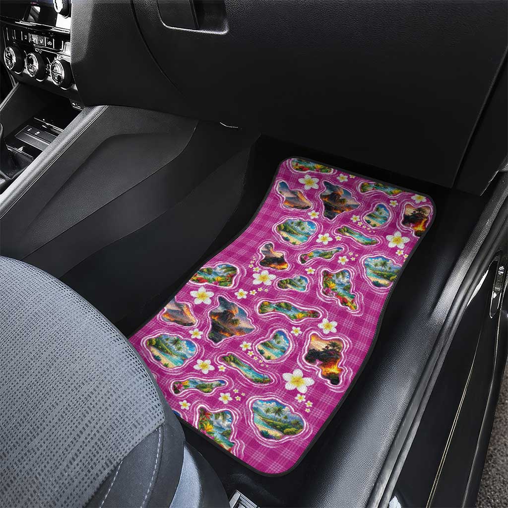 Hawaiian Island Shapes-Iconic Landscape Car Mats with Plumeria and Palaka Pink Color LT03 - Polynesian Pride