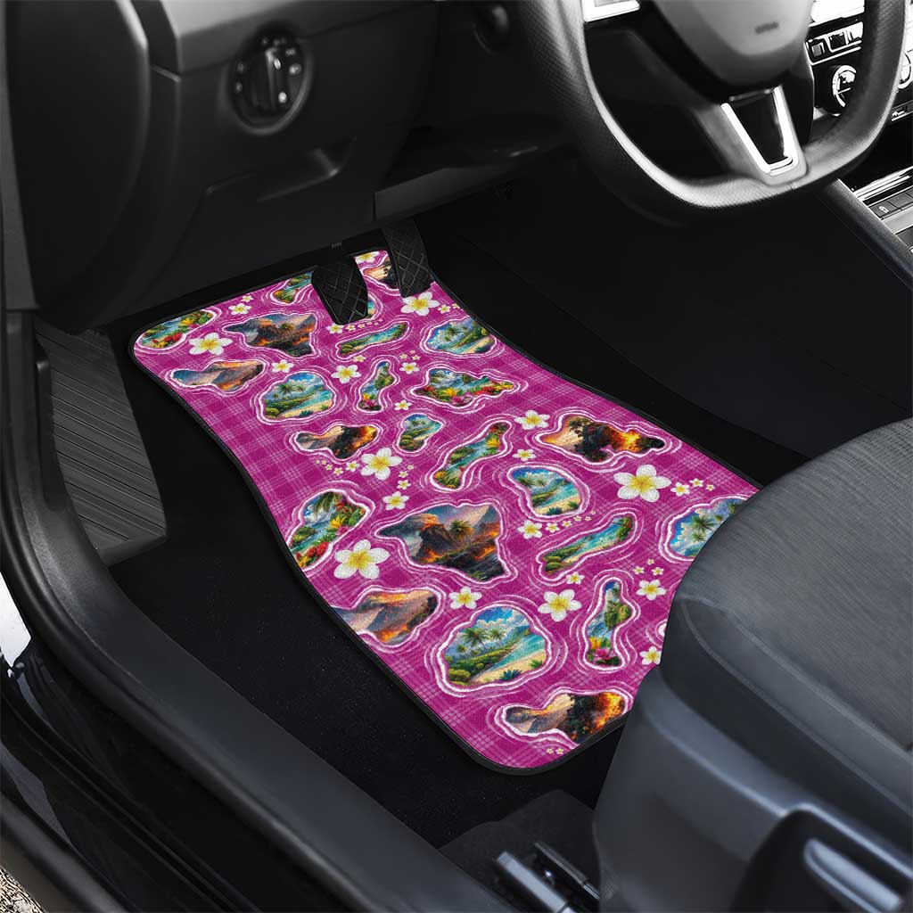 Hawaiian Island Shapes-Iconic Landscape Car Mats with Plumeria and Palaka Pink Color LT03 - Polynesian Pride