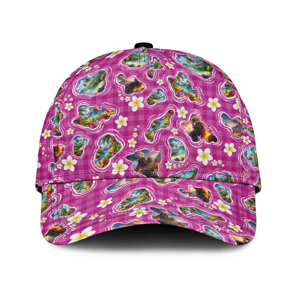 Hawaiian Island Shapes-Iconic Landscape Classic Cap with Plumeria and Palaka Pink Color LT03 Universal Fit Pink - Polynesian Pride