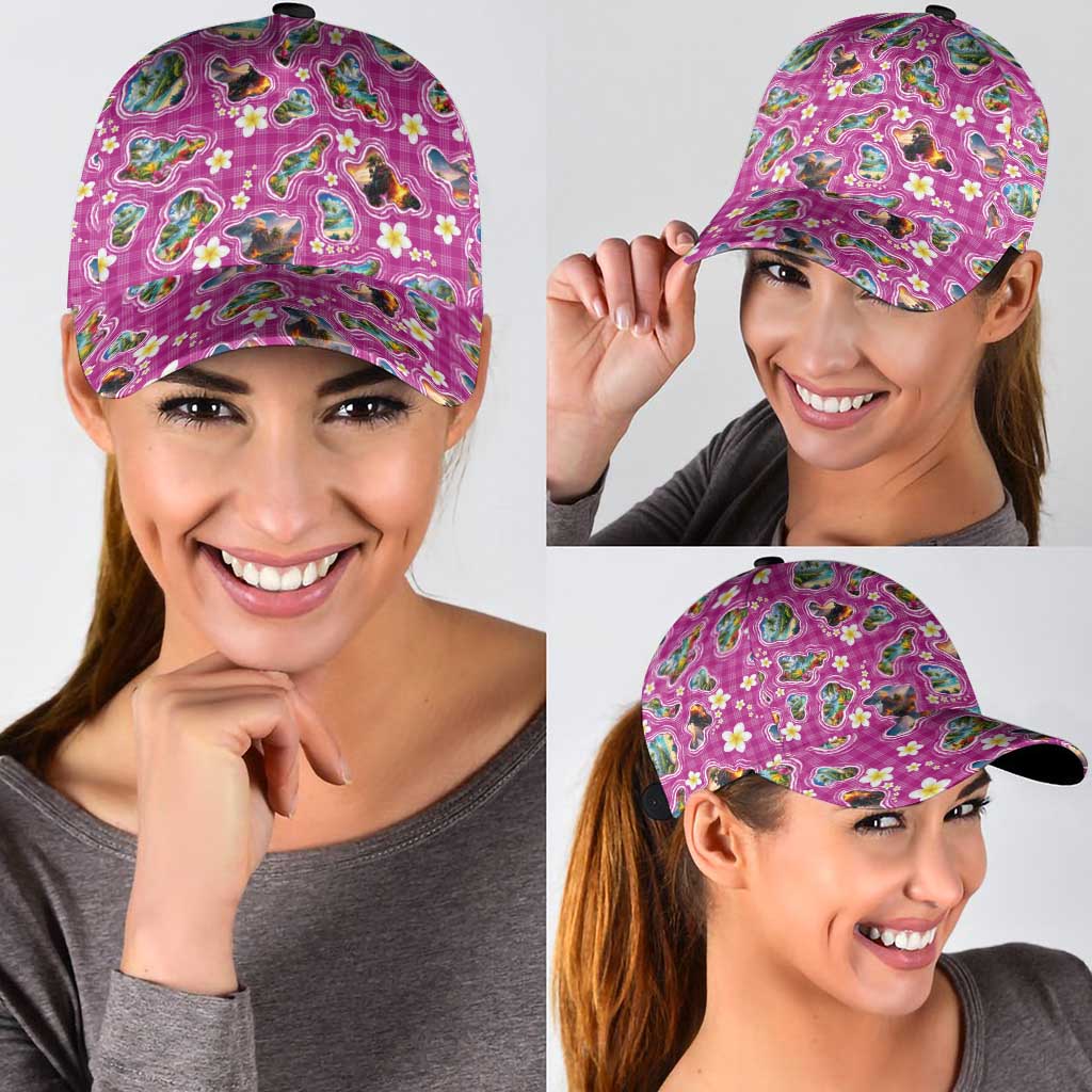 Hawaiian Island Shapes-Iconic Landscape Classic Cap with Plumeria and Palaka Pink Color LT03 - Polynesian Pride