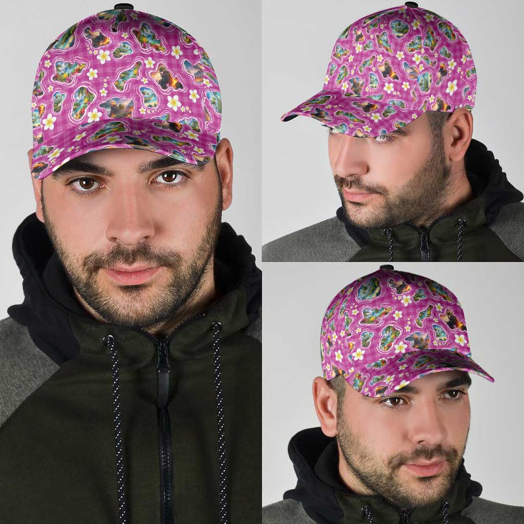 Hawaiian Island Shapes-Iconic Landscape Classic Cap with Plumeria and Palaka Pink Color LT03 - Polynesian Pride