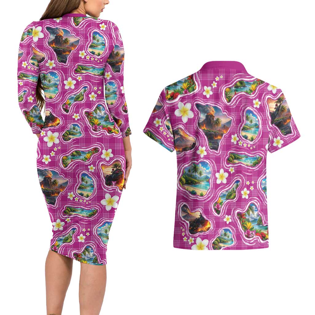 Hawaiian Island Shapes-Iconic Landscape Couples Matching Long Sleeve Bodycon Dress and Hawaiian Shirt with Plumeria and Palaka Pink Color
