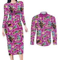 Hawaiian Island Shapes-Iconic Landscape Couples Matching Long Sleeve Bodycon Dress and Long Sleeve Button Shirt with Plumeria and Palaka Pink Color