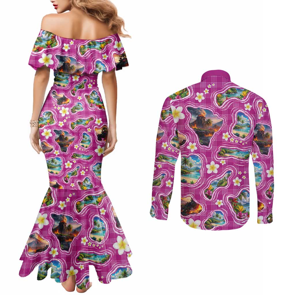 Hawaiian Island Shapes-Iconic Landscape Couples Matching Mermaid Dress and Long Sleeve Button Shirt with Plumeria and Palaka Pink Color