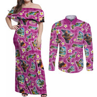 Hawaiian Island Shapes-Iconic Landscape Couples Matching Off Shoulder Maxi Dress and Long Sleeve Button Shirt with Plumeria and Palaka Pink Color