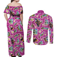 Hawaiian Island Shapes-Iconic Landscape Couples Matching Off Shoulder Maxi Dress and Long Sleeve Button Shirt with Plumeria and Palaka Pink Color