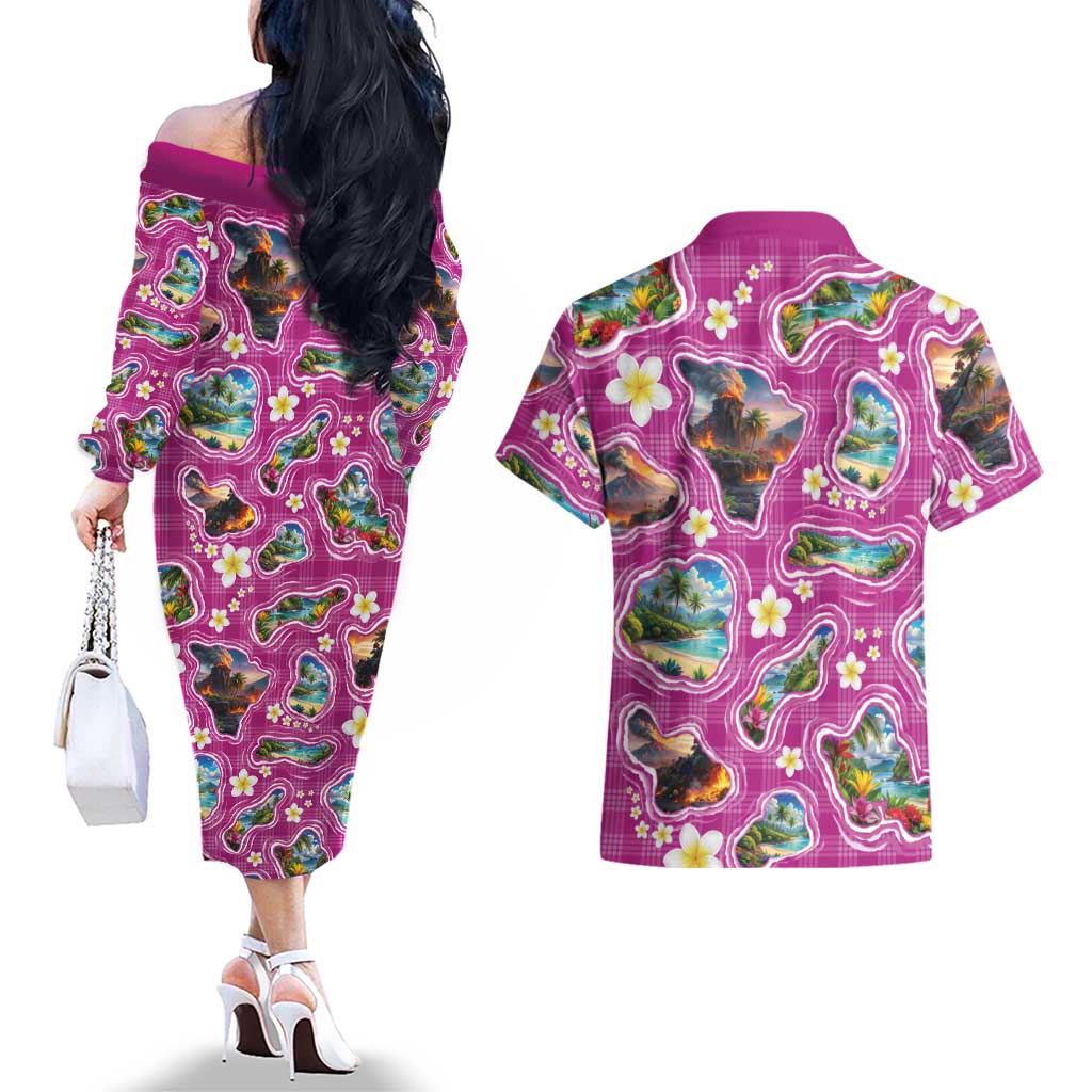 Hawaiian Island Shapes-Iconic Landscape Couples Matching Off The Shoulder Long Sleeve Dress and Hawaiian Shirt with Plumeria and Palaka Pink Color