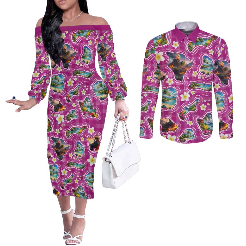 Hawaiian Island Shapes-Iconic Landscape Couples Matching Off The Shoulder Long Sleeve Dress and Long Sleeve Button Shirt with Plumeria and Palaka Pink Color