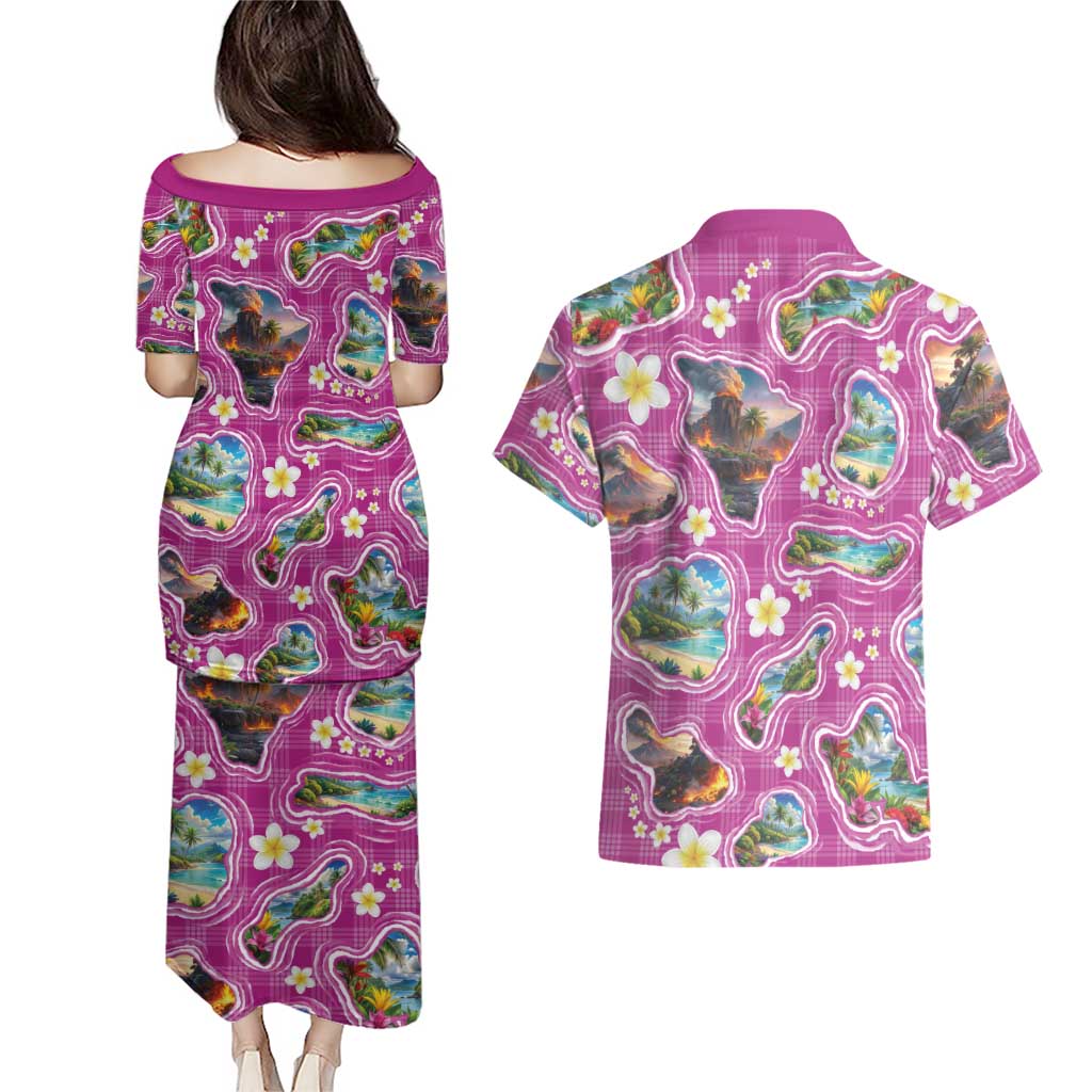 Hawaiian Island Shapes-Iconic Landscape Couples Matching Puletasi and Hawaiian Shirt with Plumeria and Palaka Pink Color