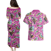 Hawaiian Island Shapes-Iconic Landscape Couples Matching Puletasi and Hawaiian Shirt with Plumeria and Palaka Pink Color