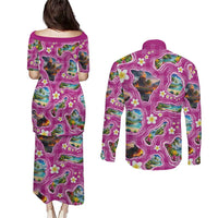 Hawaiian Island Shapes-Iconic Landscape Couples Matching Puletasi and Long Sleeve Button Shirt with Plumeria and Palaka Pink Color