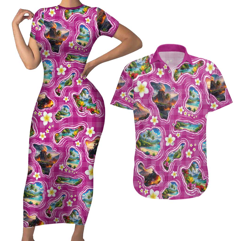 Hawaiian Island Shapes-Iconic Landscape Couples Matching Short Sleeve Bodycon Dress and Hawaiian Shirt with Plumeria and Palaka Pink Color