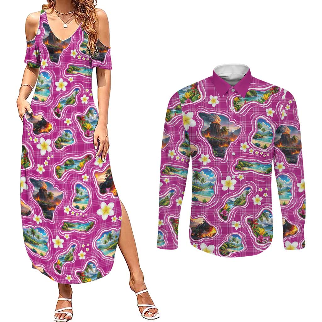Hawaiian Island Shapes-Iconic Landscape Couples Matching Summer Maxi Dress and Long Sleeve Button Shirt with Plumeria and Palaka Pink Color